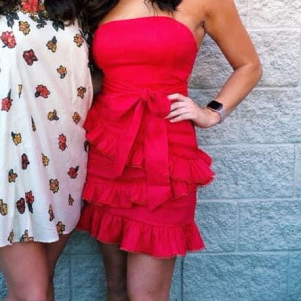 Red linen ruffle dress - size L